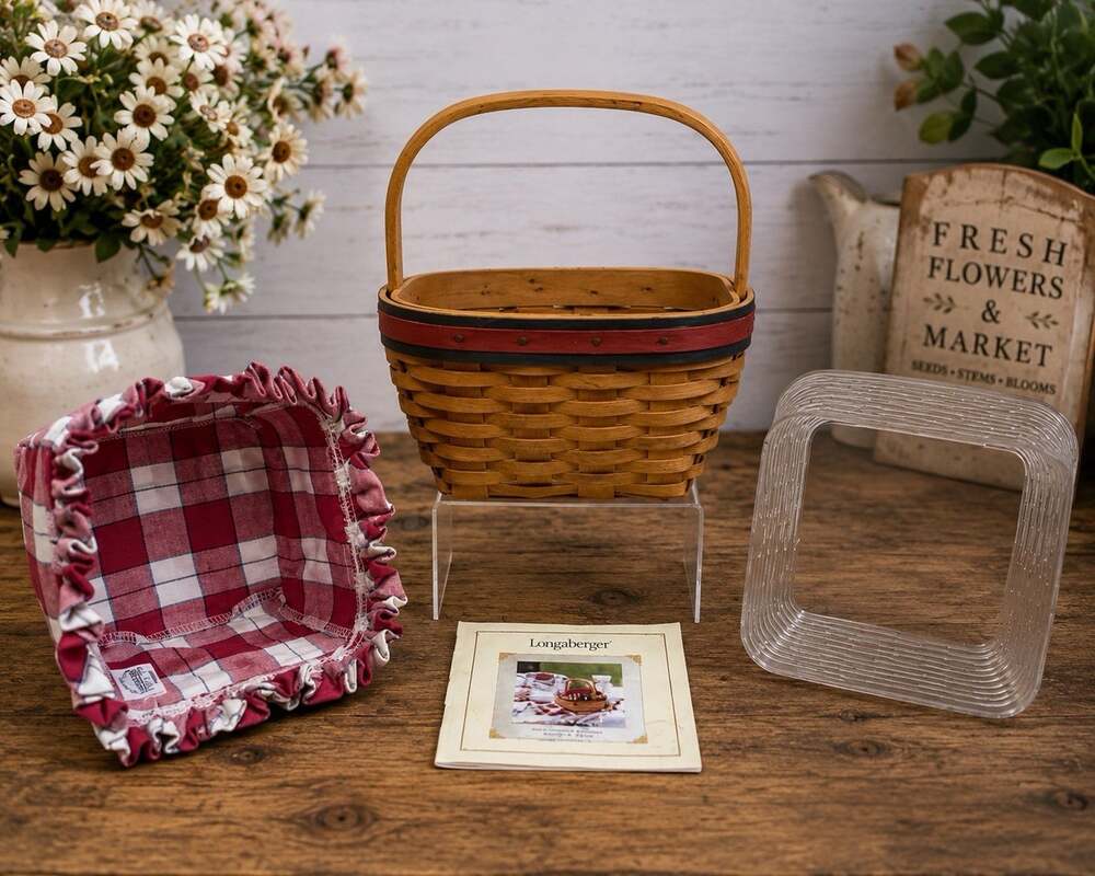Longaberger 2001 All American Strawberry Basket Liner Protector Signed Complete